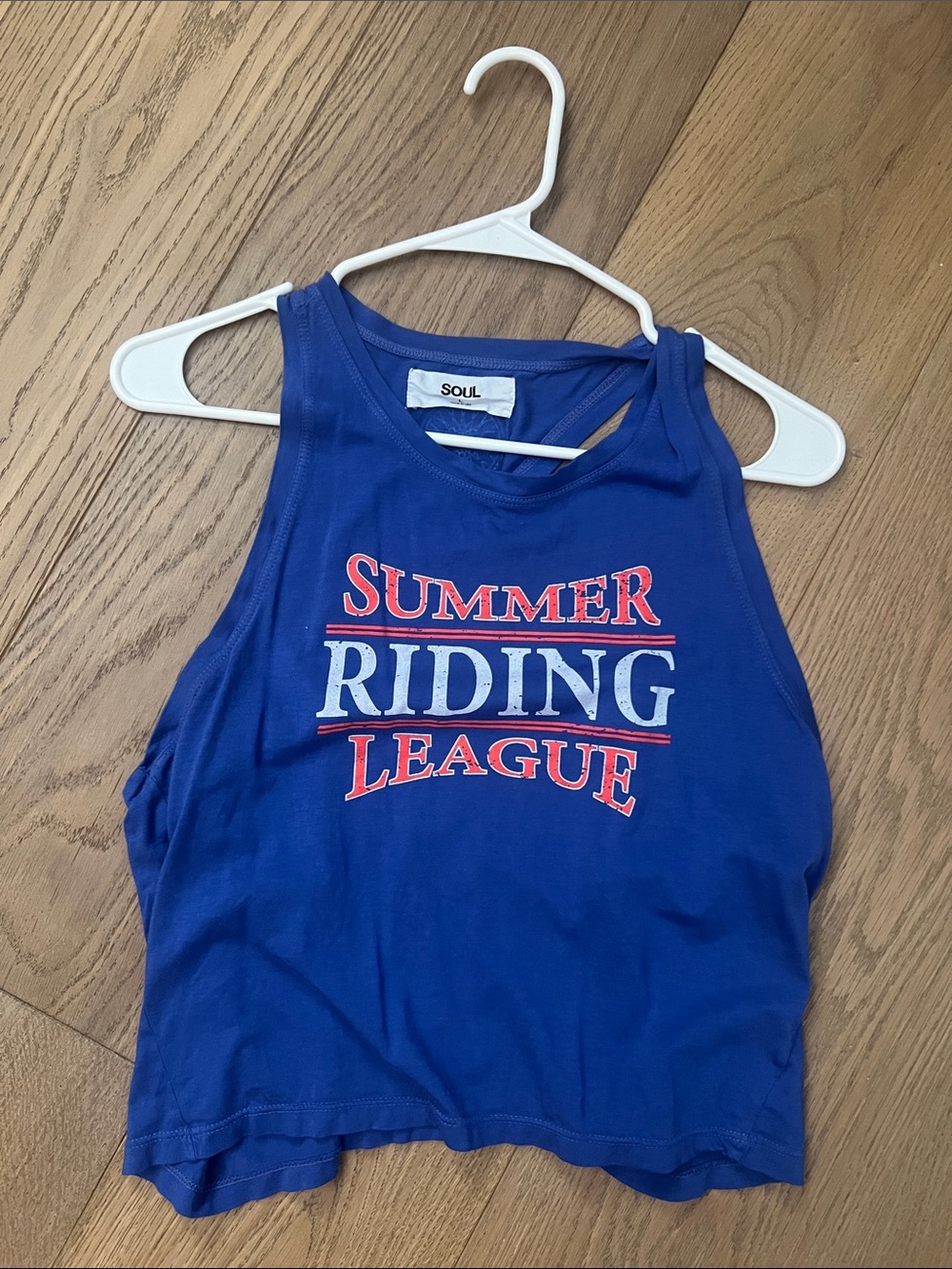 soulcycle Blue Crop Tank with Red and White 'Summer Riding League' Print